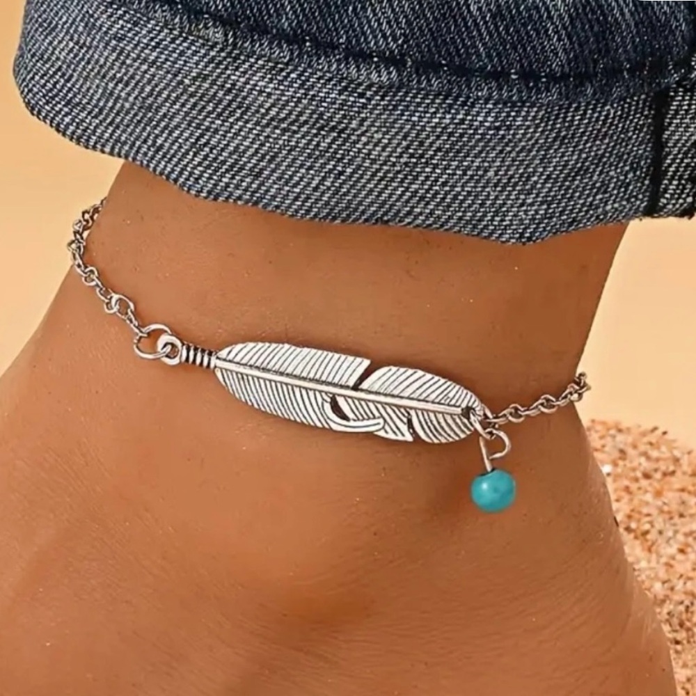 New Boho Silver Tone Feather Anklet with Turquoise Charm